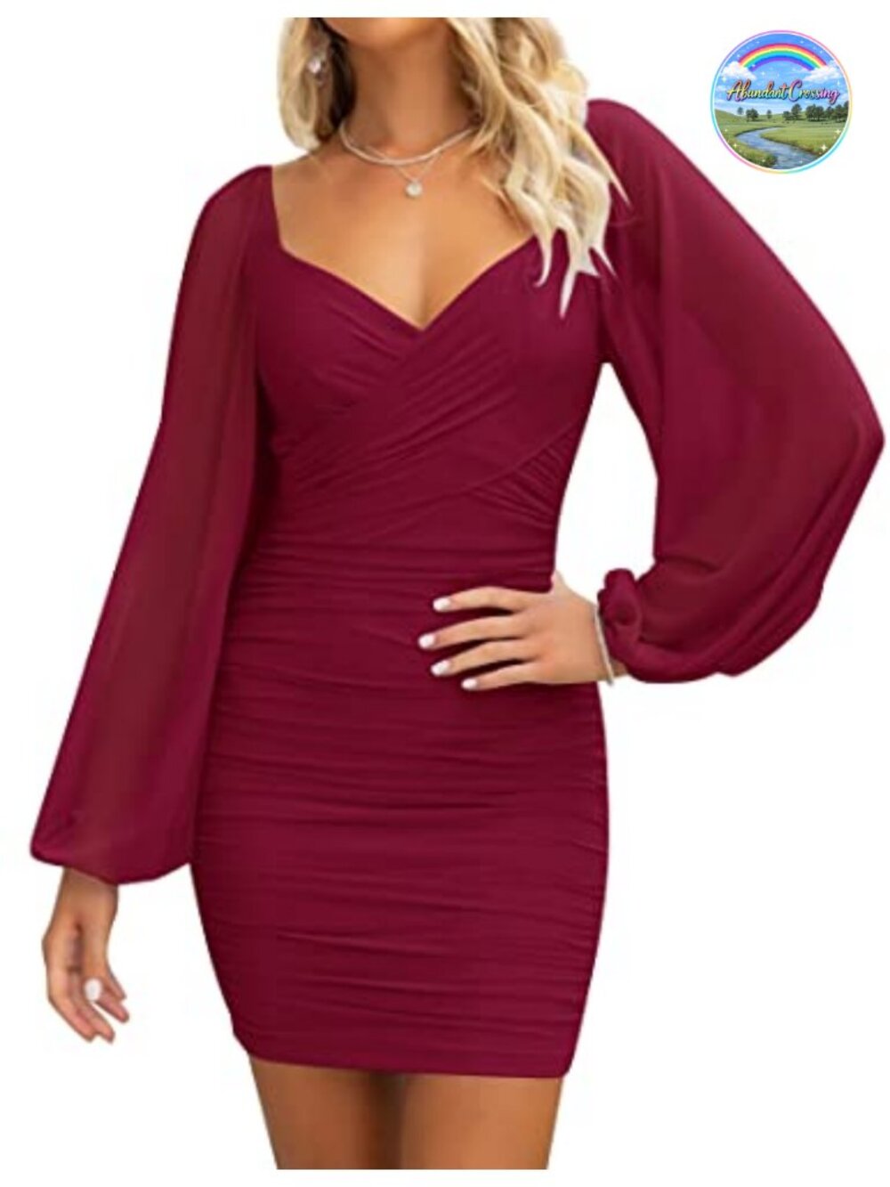 ZESICA Long Sleeve Bodycon Mini Dress Sheer Puff Sleeve Club Party
